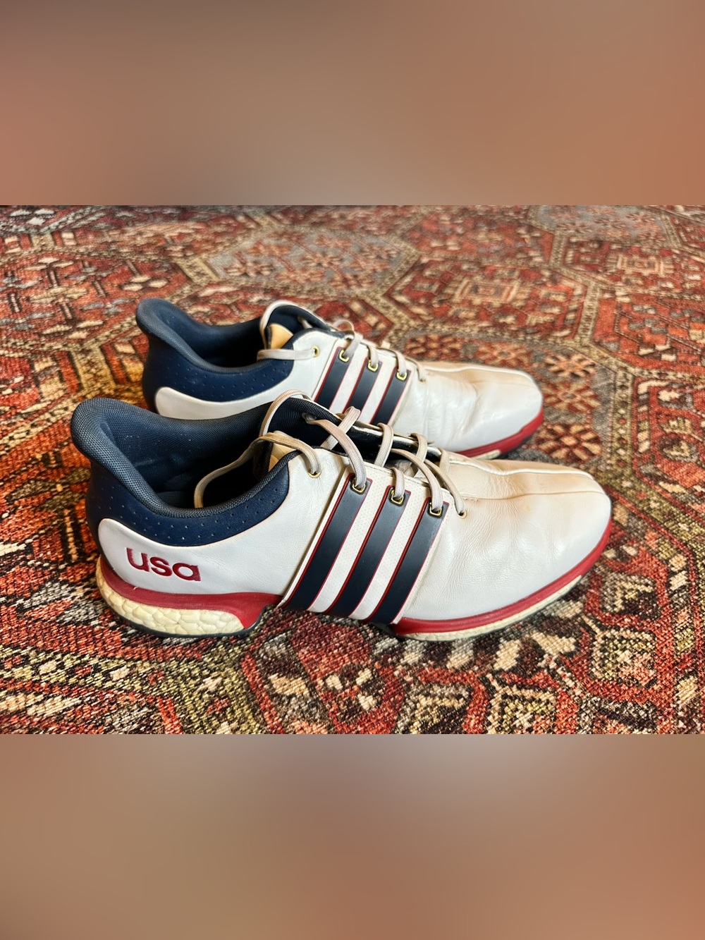 adidas Men’s Tour360 Golf Shoes White Navy Red Stripe Size 11.5